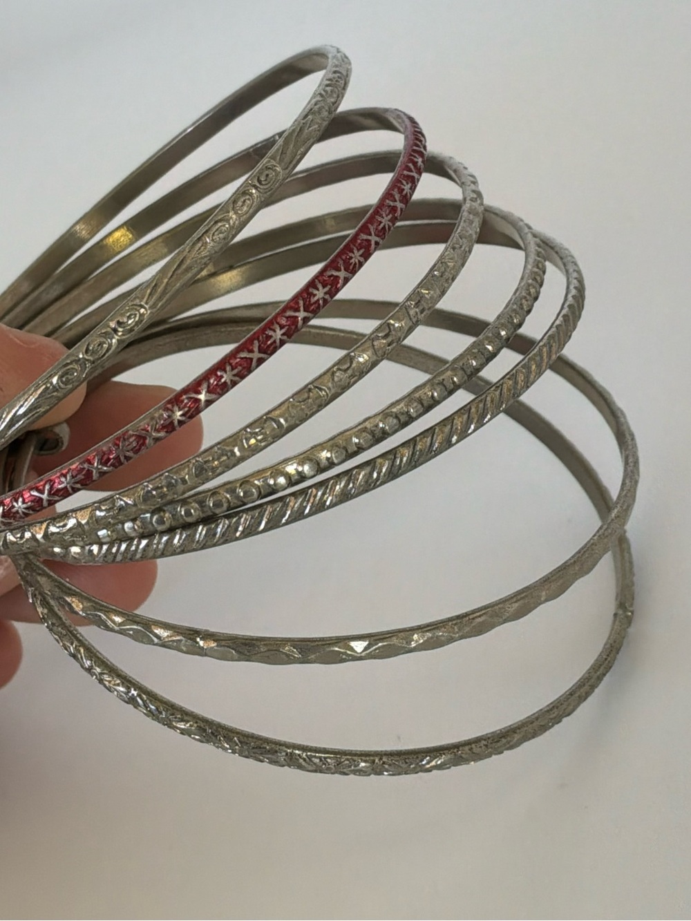Silver-Tone Stackable Bangle Bracelet Set with Red Accent